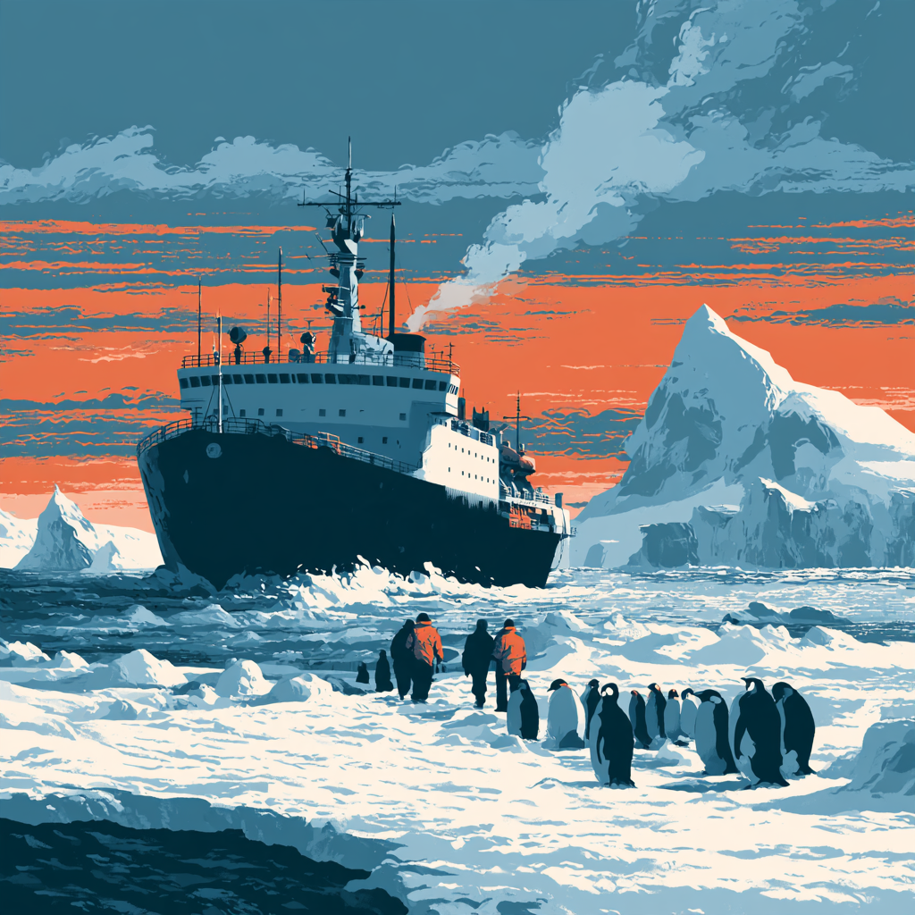 Illustration of an expedition ship, explorers, and penguins among Antarctic ice beneath an orange sky